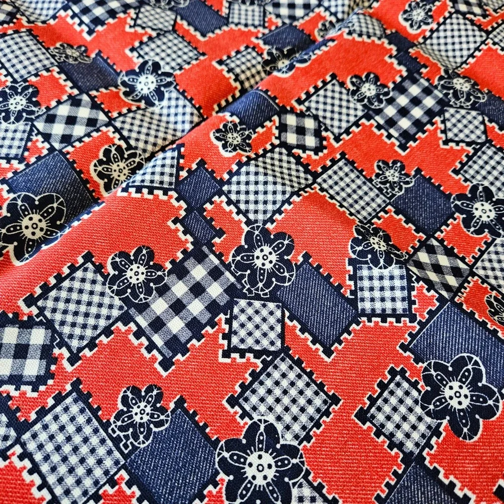 Vtg 19870s Red White‎ Blue Patchwork Floral Gingham Cotton Fabric Remnant Scrap